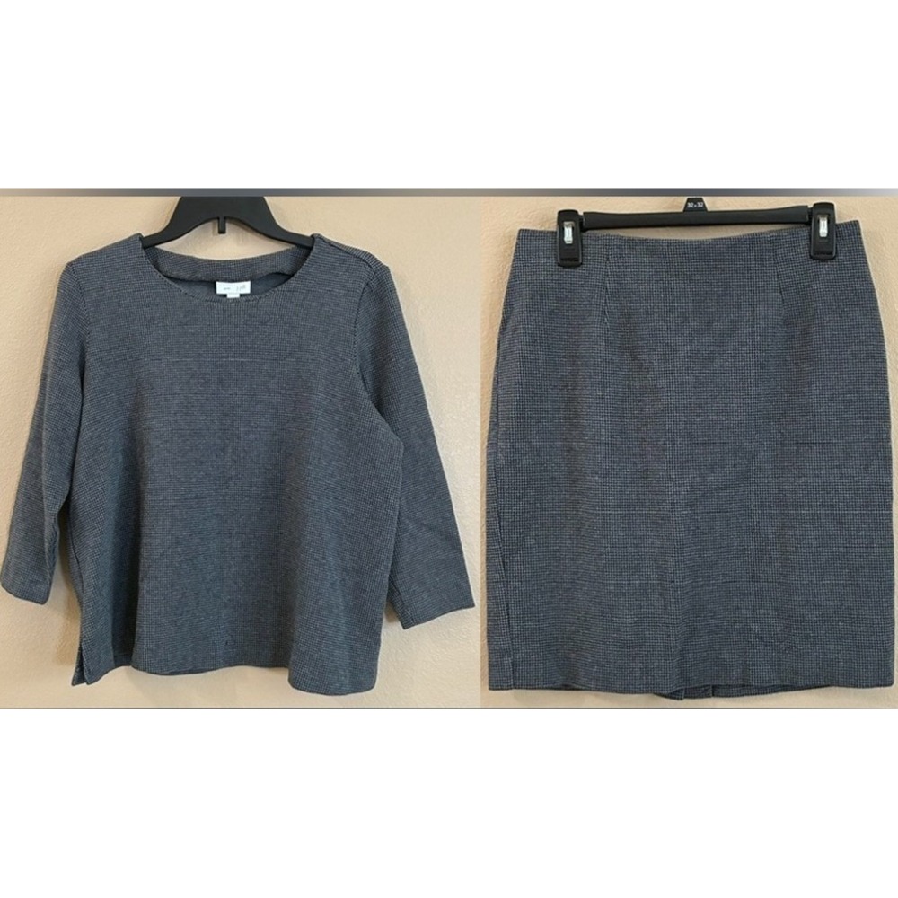 J Jill S/M Ponte Houndstooth Crewneck Top and Skirt Set‎ Gray Black Office Siren